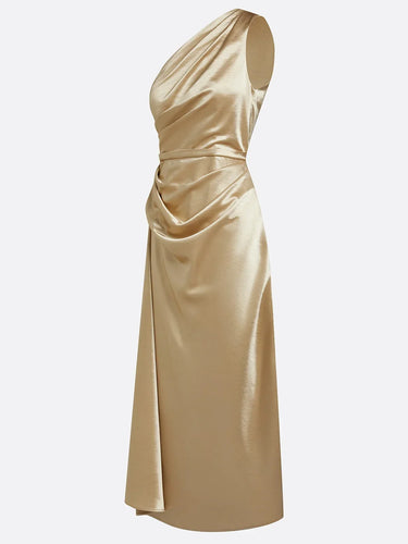 Satin One-Shoulder Midi Dress with Ruched Bodice