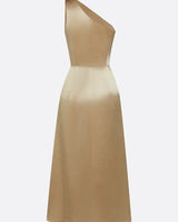 Satin One-Shoulder Midi Dress with Ruched Bodice