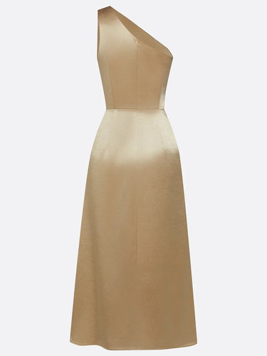 Satin One-Shoulder Midi Dress with Ruched Bodice