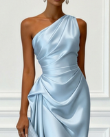 Satin One-Shoulder Midi Dress with Ruched Bodice