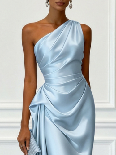 Satin One-Shoulder Midi Dress with Ruched Bodice