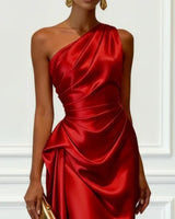 Satin One-Shoulder Midi Dress with Ruched Bodice