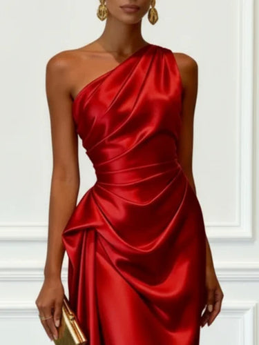 Satin One-Shoulder Midi Dress with Ruched Bodice