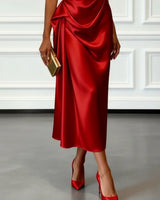 Satin One-Shoulder Midi Dress with Ruched Bodice