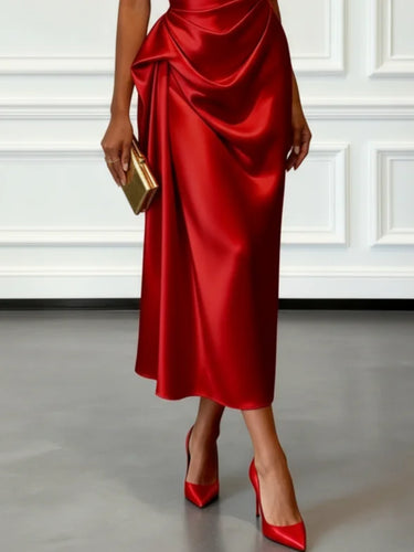 Satin One-Shoulder Midi Dress with Ruched Bodice