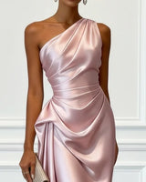Satin One-Shoulder Midi Dress with Ruched Bodice