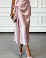 Satin One-Shoulder Midi Dress with Ruched Bodice