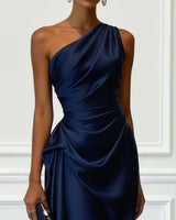 Satin One-Shoulder Midi Dress with Ruched Bodice