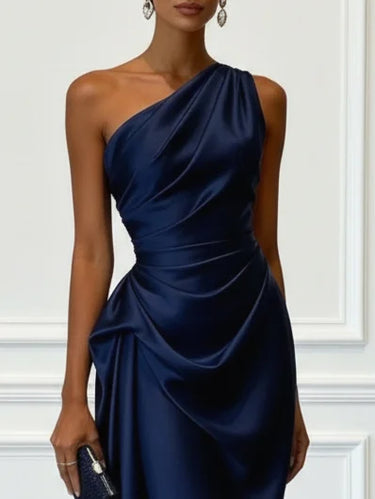 Satin One-Shoulder Midi Dress with Ruched Bodice
