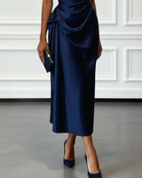 Satin One-Shoulder Midi Dress with Ruched Bodice