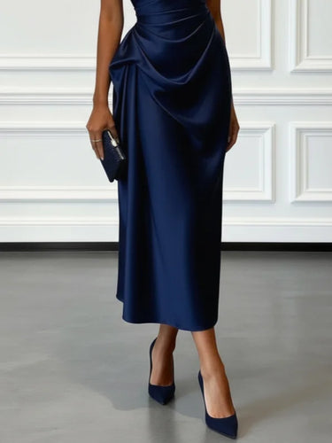 Satin One-Shoulder Midi Dress with Ruched Bodice