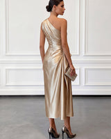 Satin One-Shoulder Midi Dress with Ruched Bodice