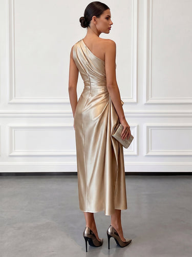Satin One-Shoulder Midi Dress with Ruched Bodice