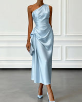 Satin One-Shoulder Midi Dress with Ruched Bodice