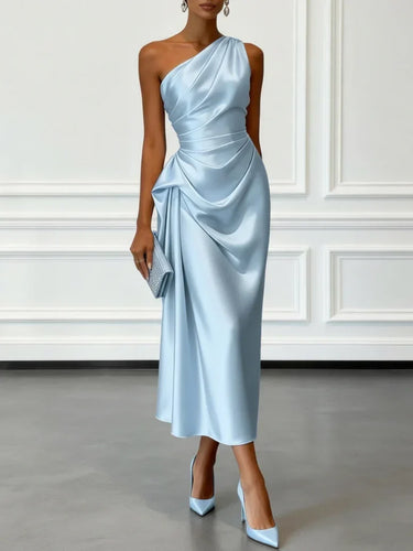 Satin One-Shoulder Midi Dress with Ruched Bodice