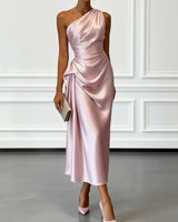 Satin One-Shoulder Midi Dress with Ruched Bodice