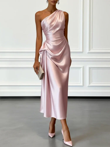 Satin One-Shoulder Midi Dress with Ruched Bodice