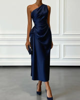 Satin One-Shoulder Midi Dress with Ruched Bodice