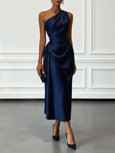 Satin One-Shoulder Midi Dress with Ruched Bodice