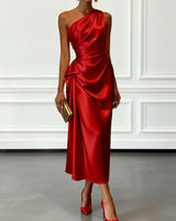 Satin One-Shoulder Midi Dress with Ruched Bodice