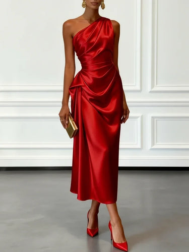 Satin One-Shoulder Midi Dress with Ruched Bodice