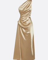 Satin One-Shoulder Midi Dress with Ruched Bodice