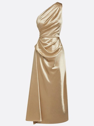 Satin One-Shoulder Midi Dress with Ruched Bodice
