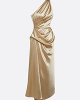 Satin One-Shoulder Midi Dress with Ruched Bodice