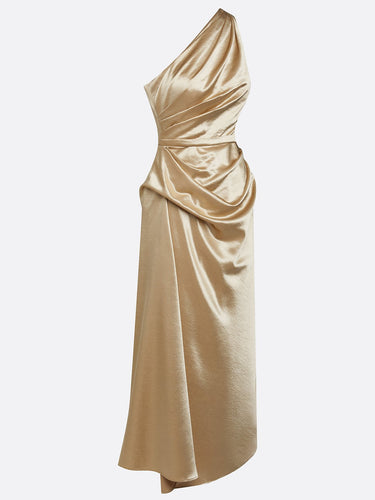 Satin One-Shoulder Midi Dress with Ruched Bodice