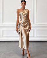 Satin One-Shoulder Midi Dress with Ruched Bodice