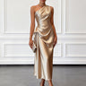 Satin One-Shoulder Midi Dress with Ruched Bodice