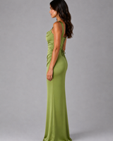 Close-up of the ruched waist and thin shoulder straps