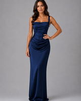 Detail shot of the square neckline and satin-look fabric sheen