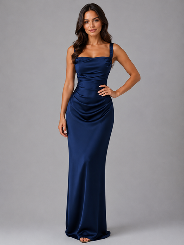 Detail shot of the square neckline and satin-look fabric sheen