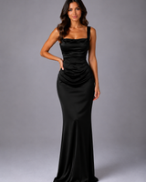 Model wearing the satin maxi dress showing the overall silhouette