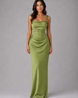 Front view of a satin-look maxi dress with square neckline and ruched waist