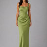 Front view of a satin-look maxi dress with square neckline and ruched waist