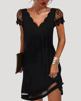 Scallop V Neck Mini Dress with Lace Cap Sleeves