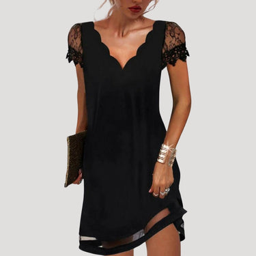 Scallop V Neck Mini Dress with Lace Cap Sleeves