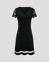 Scallop V Neck Mini Dress with Lace Cap Sleeves