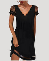 Scallop V Neck Mini Dress with Lace Cap Sleeves