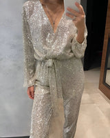 Sequin Belt Jumpsuit with V-Neckline and Long Sleeves
