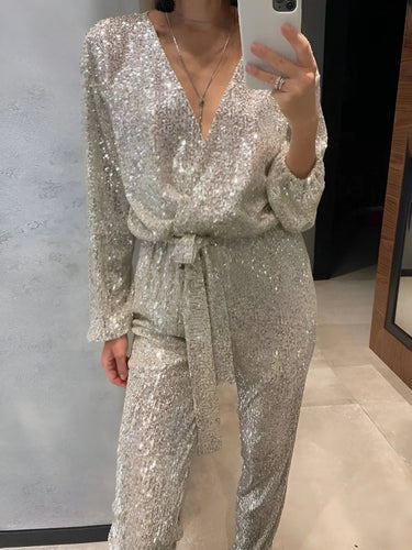 Sequin Belt Jumpsuit with V-Neckline and Long Sleeves