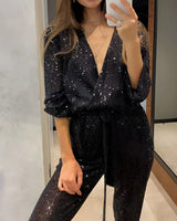 Sequin Belt Jumpsuit with V-Neckline and Long Sleeves