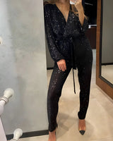 Sequin Belt Jumpsuit with V-Neckline and Long Sleeves