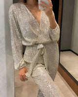 Sequin Belt Jumpsuit with V-Neckline and Long Sleeves