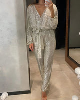 Sequin Belt Jumpsuit with V-Neckline and Long Sleeves
