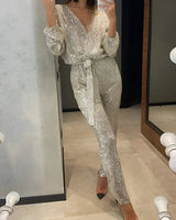 Sequin Belt Jumpsuit with V-Neckline and Long Sleeves