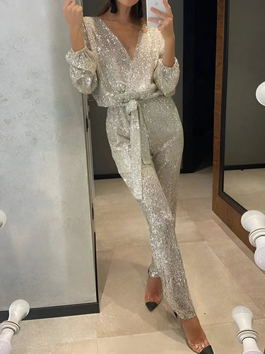 Sequin Belt Jumpsuit with V-Neckline and Long Sleeves