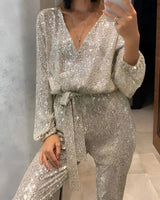 Sequin Belt Jumpsuit with V-Neckline and Long Sleeves